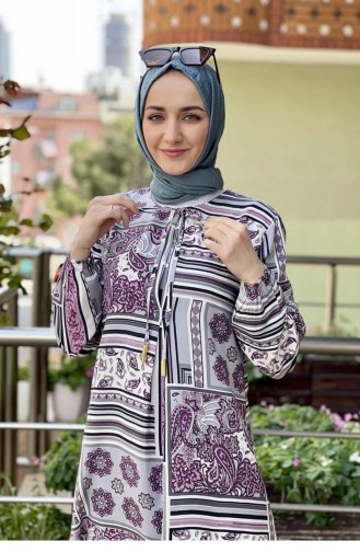 A Pileli Desenli Elbise Mürdüm
