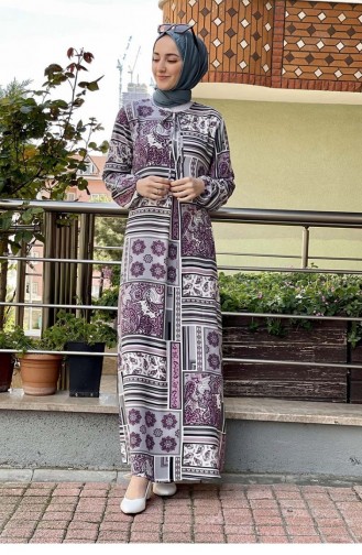 A Pileli Desenli Elbise Mürdüm