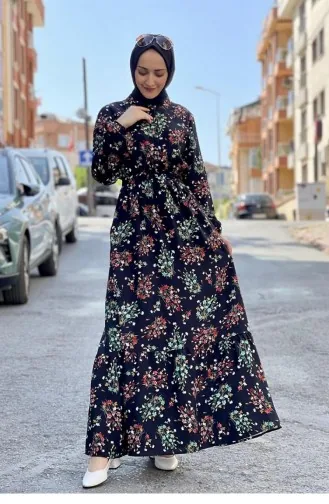 Çiçek Desenli Elbise Siyah
