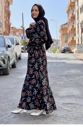 Çiçek Desenli Elbise Siyah