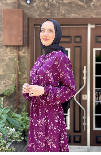 Çiçek Desenli Kemerli Elbise Mürdüm