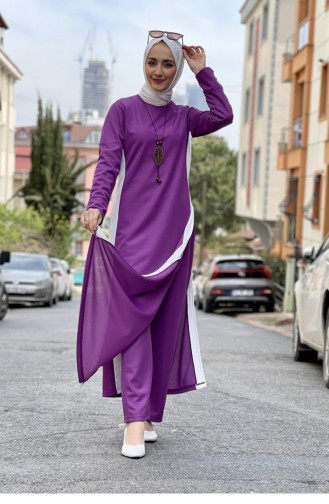 Gedetailleerd Hijabpak Met Split 0327-07 Lila 0327-07