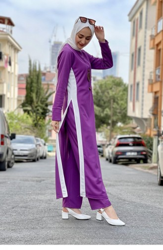 Gedetailleerd Hijabpak Met Split 0327-07 Lila 0327-07