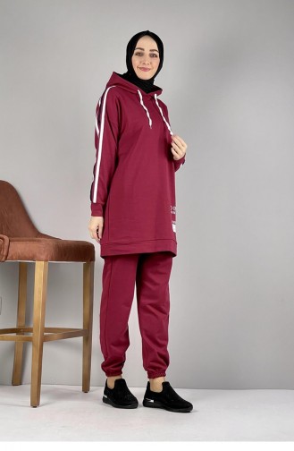 Kapşonlu Baskı Detaylı İkili Takım Bordo