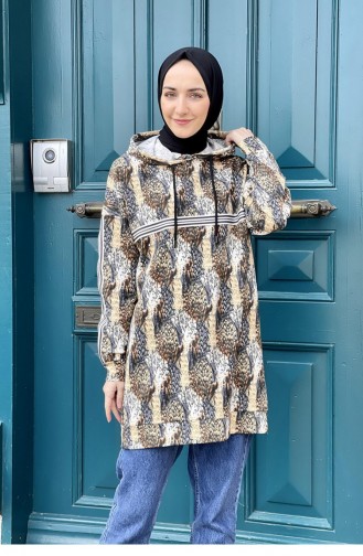 Leopar Desenli İki İplik Sweatshirt Vizon