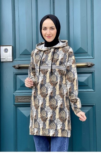 Leopar Desenli İki İplik Sweatshirt Vizon