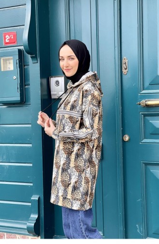 Leopar Desenli İki İplik Sweatshirt Vizon