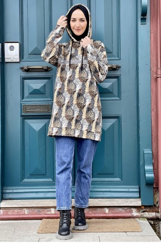 Leopar Desenli İki İplik Sweatshirt Vizon
