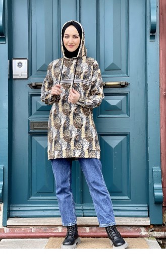 Leopar Desenli İki İplik Sweatshirt Vizon