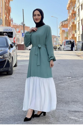 İki Renk Tesettür Elbise Çağla