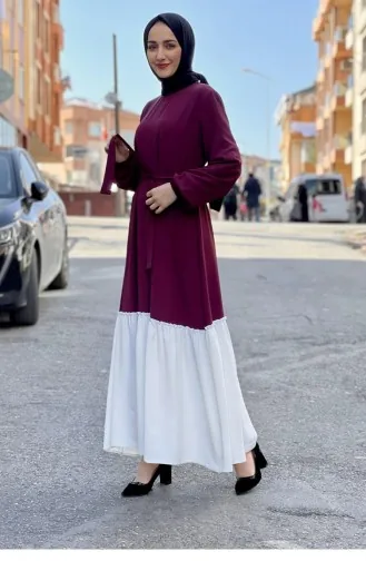 İki Renk Tesettür Elbise Vişne