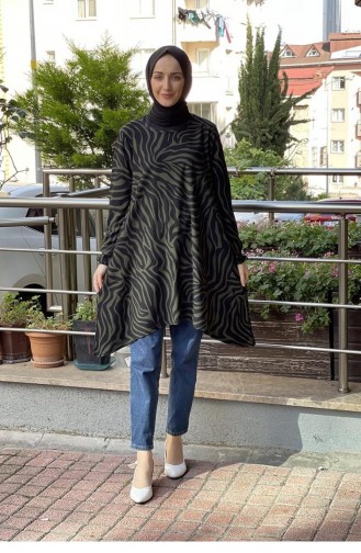 Desenli Krep Tunik Haki