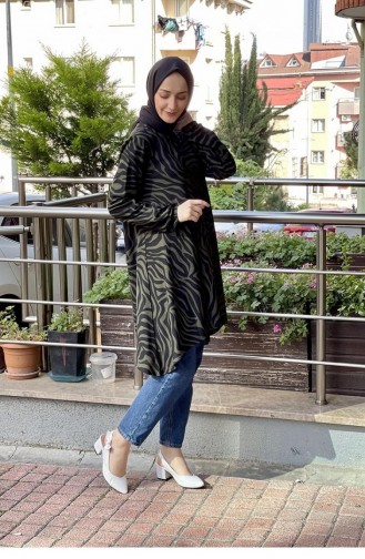 Desenli Krep Tunik Haki