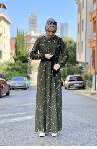 Desenli Krep Elbise Haki