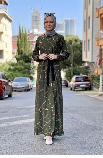 Desenli Krep Elbise Haki