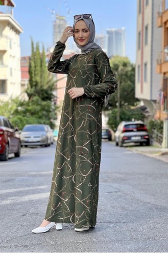 Desenli Krep Elbise Haki