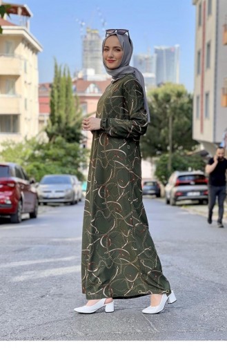 Desenli Krep Elbise Haki
