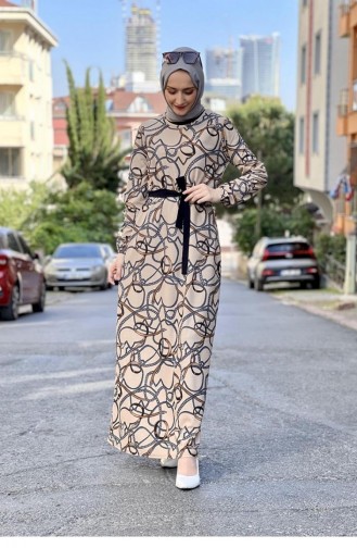 Desenli Krep Elbise Vizon