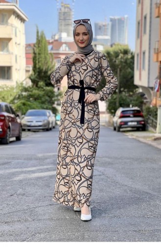 Desenli Krep Elbise Vizon