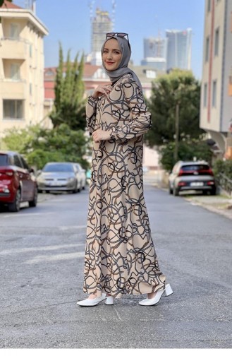 Desenli Krep Elbise Vizon