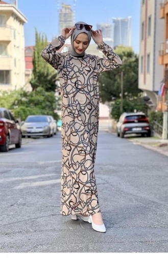 Desenli Krep Elbise Vizon