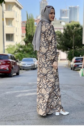 Desenli Krep Elbise Vizon
