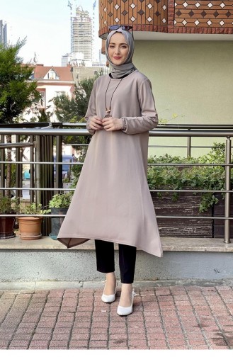 Kolları Lastikli Kolyeli Tunik Vizon