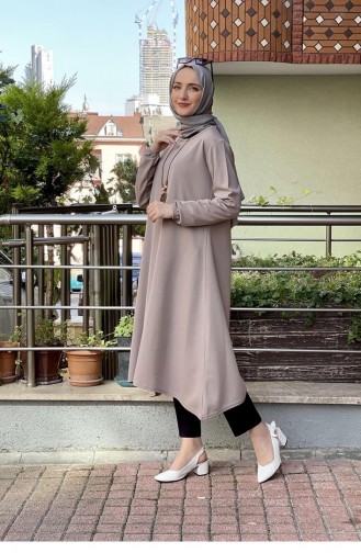 Kolları Lastikli Kolyeli Tunik Vizon