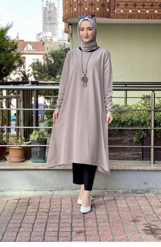 Kolları Lastikli Kolyeli Tunik Vizon