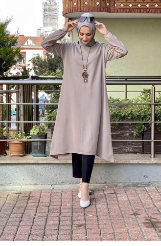 Kolları Lastikli Kolyeli Tunik Vizon