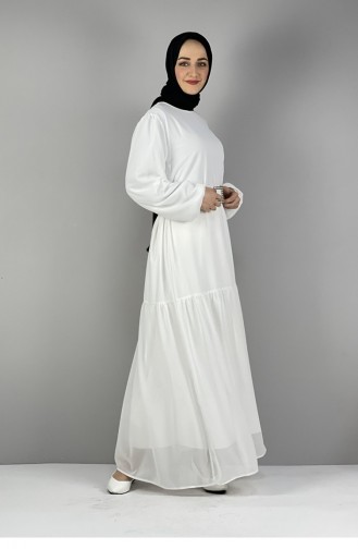 Kemerli Şifon Elbise Beyaz