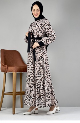 Leopar Desenli Elbise Pudra