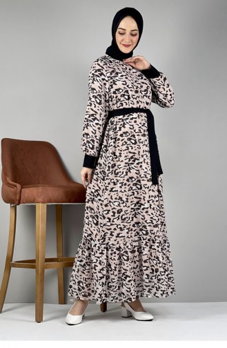 Leopar Desenli Elbise Pudra