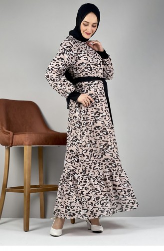 Leopar Desenli Elbise Pudra