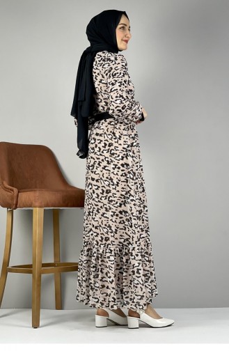 Leopar Desenli Elbise Pudra