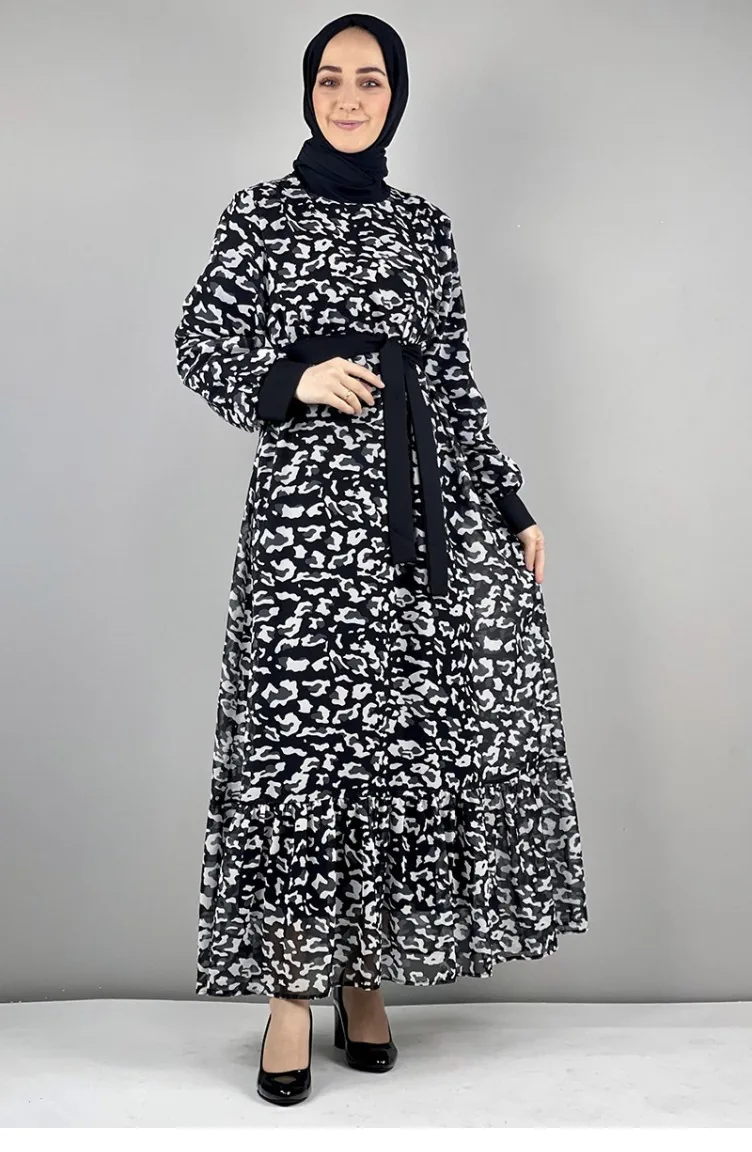 Leopar Desenli Elbise Siyah
