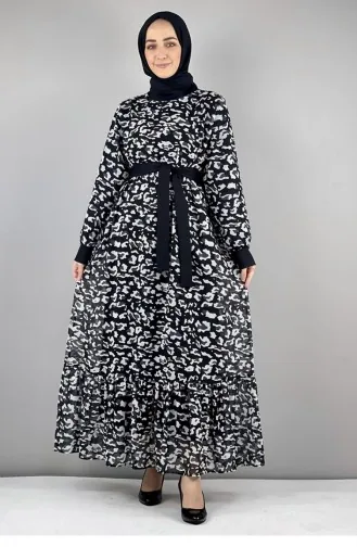 Leopar Desenli Elbise Siyah