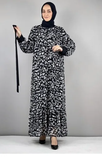 Leopar Desenli Elbise Siyah