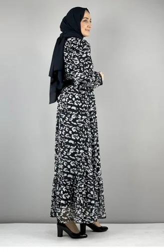 Leopar Desenli Elbise Siyah