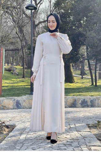 Yanları Piliseli Elbise Bej