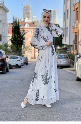 Beli Lastikli Şifon Elbise Beyaz