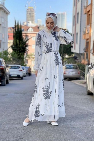 Beli Lastikli Şifon Elbise Beyaz