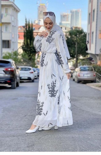 Beli Lastikli Şifon Elbise Beyaz
