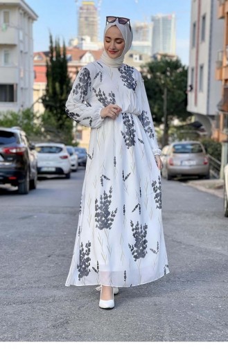 Beli Lastikli Şifon Elbise Beyaz
