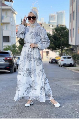 Çiçek Desenlii Şifon Elbise Beyaz