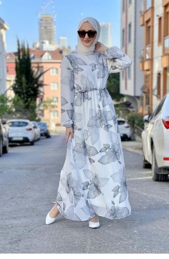 Çiçek Desenlii Şifon Elbise Beyaz