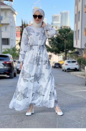 Çiçek Desenlii Şifon Elbise Beyaz