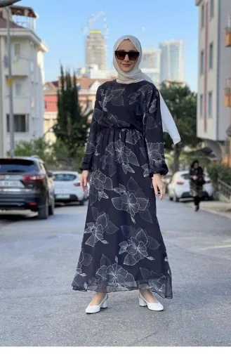 Çiçek Desenlii Şifon Elbise Siyah