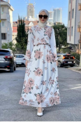 Büyük Çiçekli Şifon Elbise Beyaz
