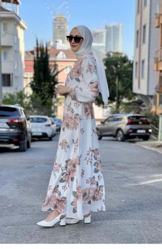 Büyük Çiçekli Şifon Elbise Beyaz